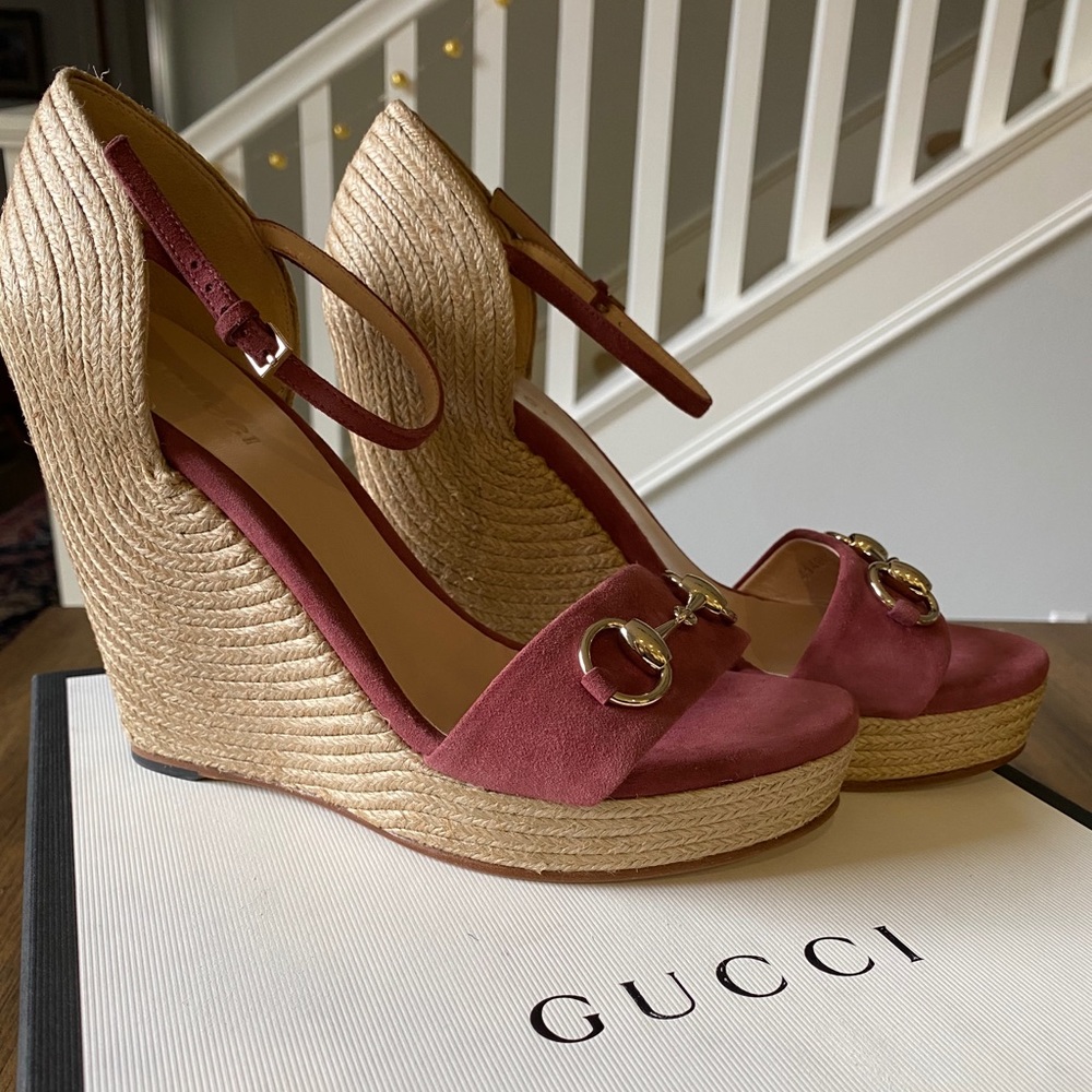 Gucci wedge sandals, suede horsebit
